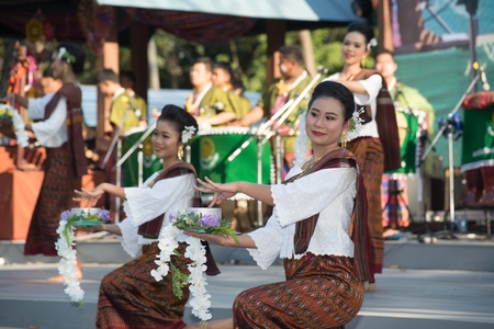Bangkok Thailand - January 26 , 2019 : Unidentified dancer is hitting bamboo tube dancing a Northeastern traditional Thai dancing in Participants take part in the celebration of Thailand tourism Festival on January 26 ,2019 at Lumpini Park , Bangkok capitのeditorial素材