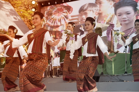 Bangkok Thailand - January 26 , 2019 : Unidentified dancer is dancing a Northeastern traditional Thai dancing in Participants take part in the celebration of Thailand tourism Festival on January 26 ,2019 at Lumpini Park , Bangkok capital city in Thailand.のeditorial素材