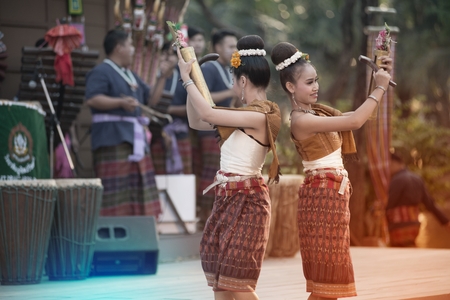 Bangkok Thailand - January 26 , 2019 : Unidentified dancer is hitting bamboo tube dancing a...