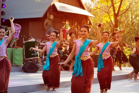 Bangkok Thailand - January 26 , 2019 : Unidentified dancer is dancing a Northeastern traditional Thai dancing in Participants take part in the celebration of Thailand tourism Festival on January 26 ,2019 at Lumpini Park , Bangkok capital city in Thailand.のeditorial素材