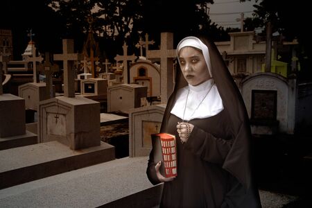 Portrait of  Rendering of a ghost nun or demon in the dark mysterious at the Churchyard.