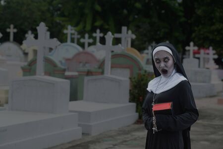 Rendering of a ghost nun or demon in the dark mysterious at the Churchyard.