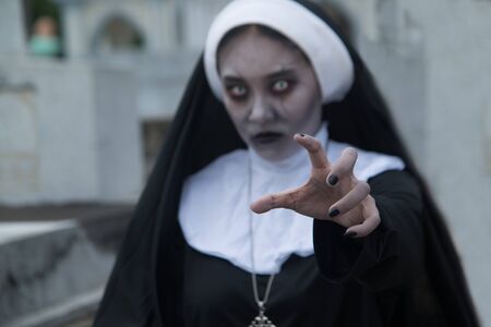 Portrait of Rendering of a ghost nun or demon in the dark mysterious at the Churchyard.