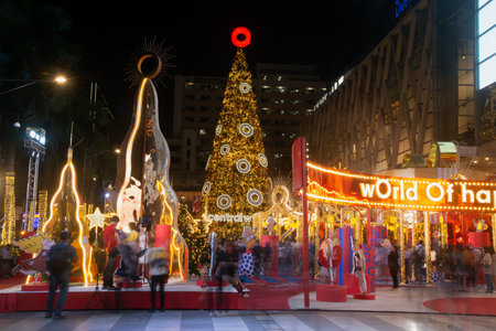 BANGKOK ,THAILAND - DEC 4 , 2020 : Light and ball star decorate beautiful on Christmas Tree Celebration 2021 at Central World Department store for Christmas day and Happy New Year event in Bangkok.のeditorial素材