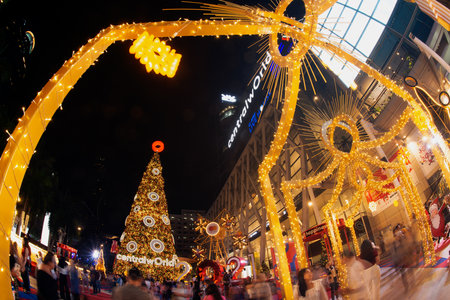 BANGKOK ,THAILAND - DEC 4 , 2020 : Light and ball star decorate beautiful on Christmas Tree Celebration 2021 at Central World Department store for Christmas day and Happy New Year event in Bangkok.のeditorial素材