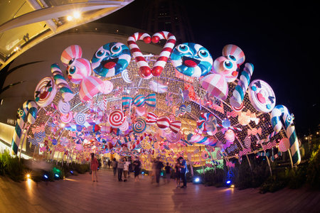 BANGKOK ,THAILAND - DEC 4 , 2020 : Light and ball star decorate beautiful on Christmas Tree Celebration 2021 at Central World Department store for Christmas day and Happy New Year event in Bangkok.のeditorial素材