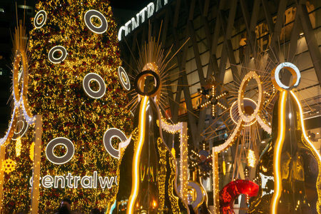 BANGKOK ,THAILAND - DEC 4 , 2020 : Light and ball star decorate beautiful on Christmas Tree Celebration 2021 at Central World Department store for Christmas day and Happy New Year event in Bangkok.のeditorial素材