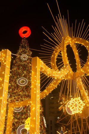 BANGKOK ,THAILAND - DEC 4 , 2020 : Light and ball star decorate beautiful on Christmas Tree Celebration 2021 at Central World Department store for Christmas day and Happy New Year event in Bangkok.のeditorial素材