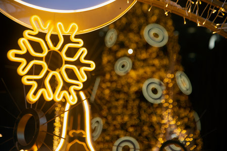 BANGKOK ,THAILAND - DEC 4 , 2020 : Light and ball star decorate beautiful on Christmas Tree Celebration 2021 at Central World Department store for Christmas day and Happy New Year event in Bangkok.のeditorial素材