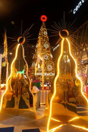 BANGKOK ,THAILAND - DEC 4 , 2020 : Light and ball star decorate beautiful on Christmas Tree Celebration at Central World Department store for Christmas day and Happy New Year event in Bangkok.のeditorial素材