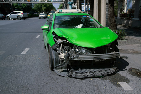 BANGKOK , THAILAND â DECEMBER 17 , 2017 : Unidentified car damage as a result of an accident Having a car accident at high speed Dents on the car body after hitting the expressway.のeditorial素材