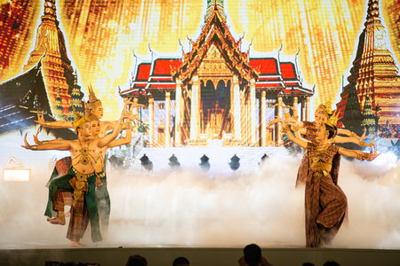 BANGKOK ,THAILAND - APRIL 24 , 2022 : Unidentified Thai dancer perform modern Thai dance during The 240 Th Anniversary of the Foundation of Rattanakosin City. The show is open freeのeditorial素材