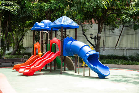 Colorful playground made of plastic empty outdoor playground set playground equipment. play area....