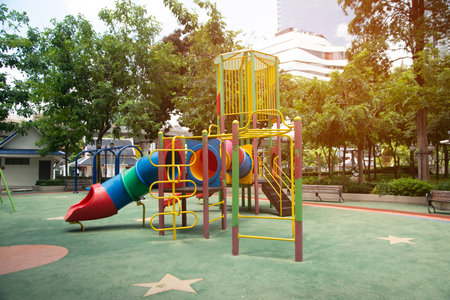 Colorful playground made of plastic empty outdoor playground set playground equipment. play area....