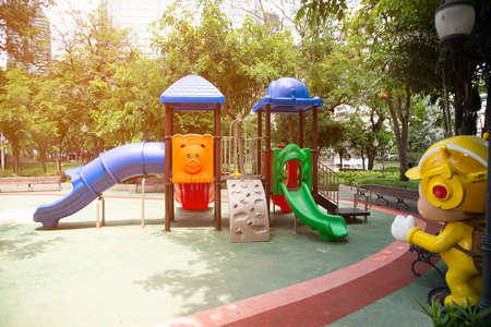 Colorful playground made of plastic empty outdoor playground set playground equipment. play area....