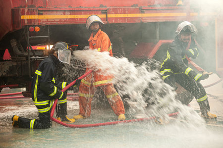 PICHIT , THAILAND - AUGUST 29 , 2022 - Unidentified firefighter test and practice using high-powered...