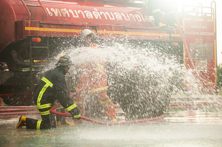PICHIT , THAILAND - AUGUST 29 , 2022 - Unidentified firefighter test and practice using high-powered...