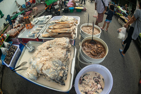 PHICHIT , THAILAND - AUGUST 29,2020 : An unidentified seller sells fresh fermented fish in the morning market on the roadside. This food is popular with Thai people. It can be seenのeditorial素材