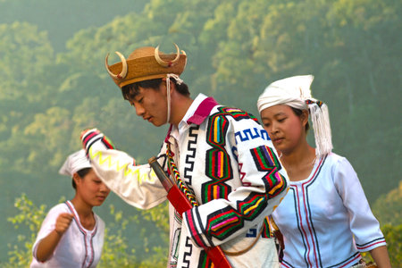 BANGKOK,THAILAND - FEBRUARY 9 ,2010 : Group of unidentified dancers perform traditional classical Kachin dance in National Cultural show at Thailand Cultural Center, Bangkok city.のeditorial素材