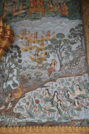 Beautiful Stucco on the church or Sim architecture of Lan Xang style, there is a mural at Wat Mahathat or Wat That Noi "The Monastery of Stupa" .のeditorial素材