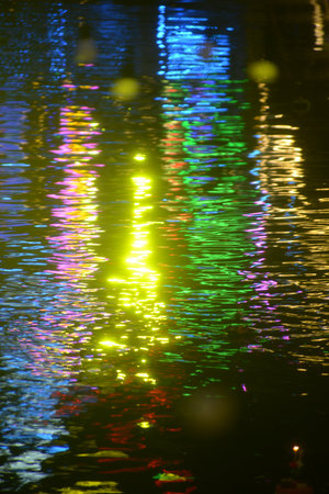 Texture and background image of the  colour lights reflection on the water surface.の写真素材