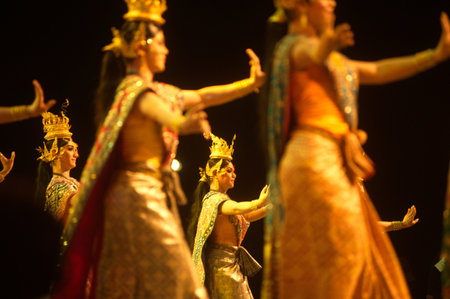 An unidentified of beautiful dancers perform a tourist show. At the Thai fair in the 232nd year of Rattanakosin city under Royal Benevolence in Bangkok, Thailand.のeditorial素材