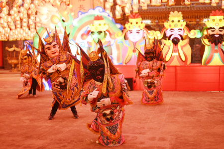 Five warlord gods dance on Chinese New Year's Day. At the Dhammakatayu Foundation Shrine or Dhammakatayu Temple or Xianlu Tai Tiang Kong Temple.のeditorial素材