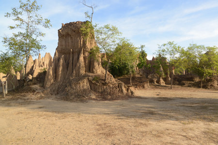 Sao Din Na Noi topography is formed from weathering and erosionare sedimentary patches that look like steep cliffs, bars, cones, recesses, and pointed peaks.の写真素材