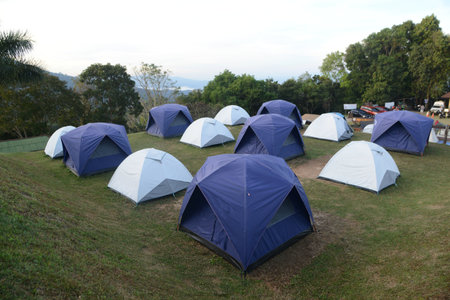 Nan , Thailand - December 4 , 2023 : Camping tents for tourists at Doi Samer Dao In Sri Nan National Park This area is another viewpoint. There is a wide area along the mountain.のeditorial素材