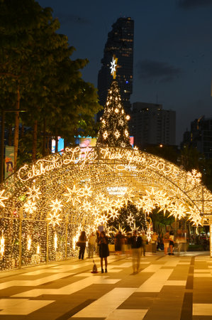 Beautiful light bulb stars and Christmas tree decorate on Celebration 2025 at Samyan Mitrtown Department store for Christmas day and Happy New Year event.のeditorial素材