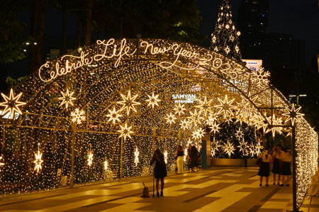 Beautiful light bulb stars and Christmas tree decorate on Celebration 2025 at Samyan Mitrtown Department store for Christmas day and Happy New Year event.のeditorial素材