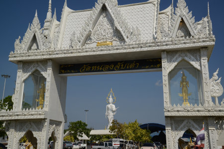 Entrance door to Phra Phutthaphon Sri Asvamuni, a 28-meter-high standing Buddha statue bestowing blessings at Wat Nong Jab Tao.の写真素材