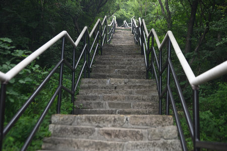 Stone staircase on ground in Yuntaishan Park is the most beautiful geological park in Henan...