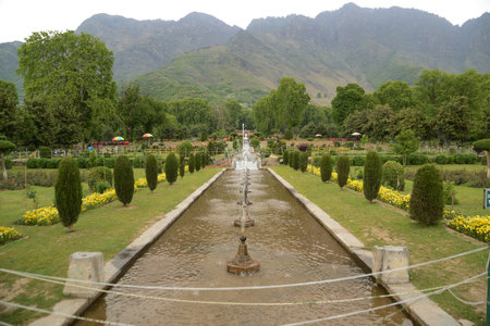 Nishat  garden Bagh is a popular tourist attraction, Nishat Bagh is a 12-tiered terraced garden located near the famous Dal Lake in Srinagar.の写真素材