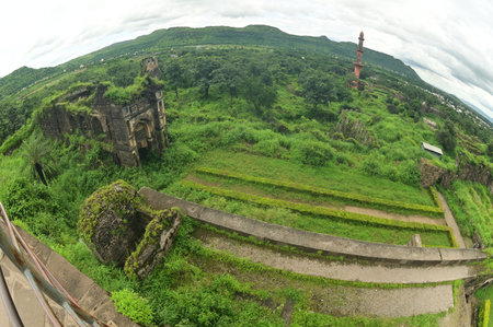 Top view of Daulatabad fort and Chand Minar (Tower of the Moon) , Built with massive stone walls showcasing medieval military architecture and cultural heritageIt.の写真素材