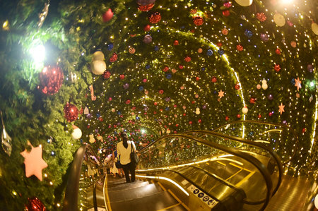 Light and ball star decorate beautiful on tunnel of Christmas Tree Celebration 2026 at Central Embassy for Christmas day and Happy New Year event in Bangkok on November 15 , 2025.のeditorial素材