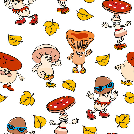 Seamless pattern with cartoon mushrooms and leafsのイラスト素材
