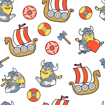 Seamless pattern with vikings, ships, axes and shields.Vikings expresses three emotions: love, anger and laugh.のイラスト素材