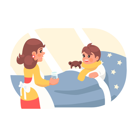 Vector illustration of a mother that gives her ill child the cure.のイラスト素材
