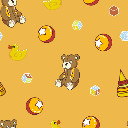 Colorful toys pattern with teddy bears, balls, ring sticks, toy blocks and rubber duck.のイラスト素材