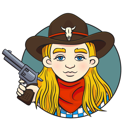 Colored in cartoon style vector illustration with young rodeo girl in cowboy hat and revolver in her hand.Can used for printing on clothes, bahners, posters, web design.のイラスト素材
