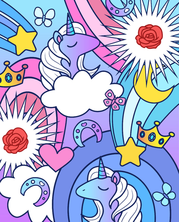Background with unicorns, rainbows, roses, crowns, stars and butterflies. Vector illustration in cartoon style.のイラスト素材