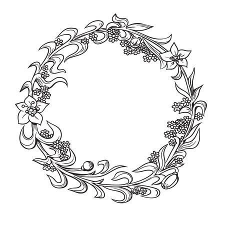 Vector round frame with flowers. Perfect for invitations, greeting cards, blogs, prints.のイラスト素材