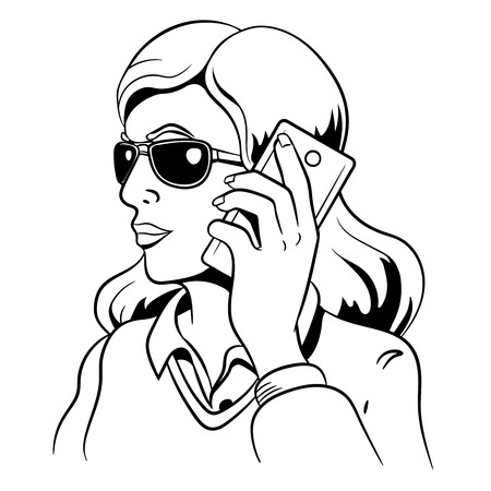 The woman in sunglasses talking on the phone.Line vector illustration.のイラスト素材