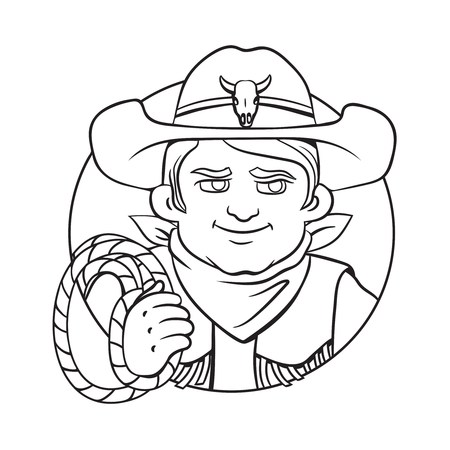 Outline isolated vector round illustration with young cowboy in hat and lasso in his hand.Can used for coloring book, printing on clothes, banners, posters, web design.のイラスト素材