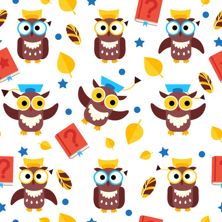 Vector seamless pattern with owls in graduate caps.のイラスト素材
