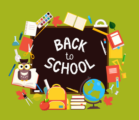 School supplies and phrase "Back to school" on the black chalkboard. Vector flat illustration.のイラスト素材