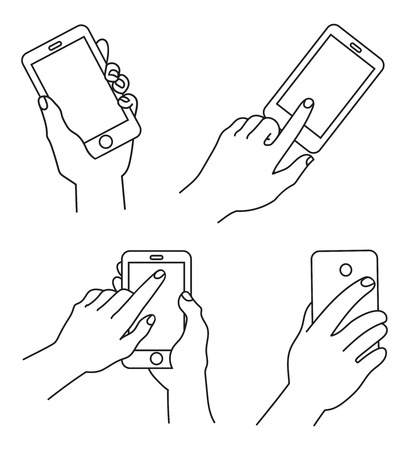 Hand holding smartphone, vector illustration set.のイラスト素材