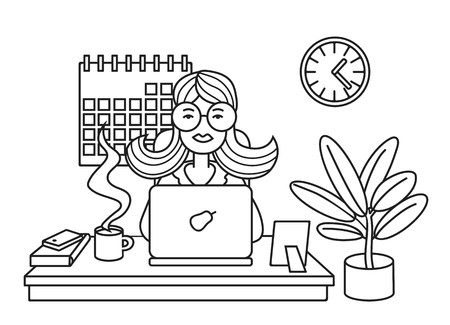 Woman working on laptop at office. Line vector illustration.のイラスト素材