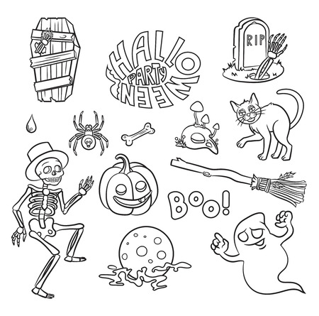 Set of Halloween characters and text "Halloween party" in cartoon style. Vector isolated illustration. Can used for coloring book, printing on clothes, banners, posters, web design.のイラスト素材